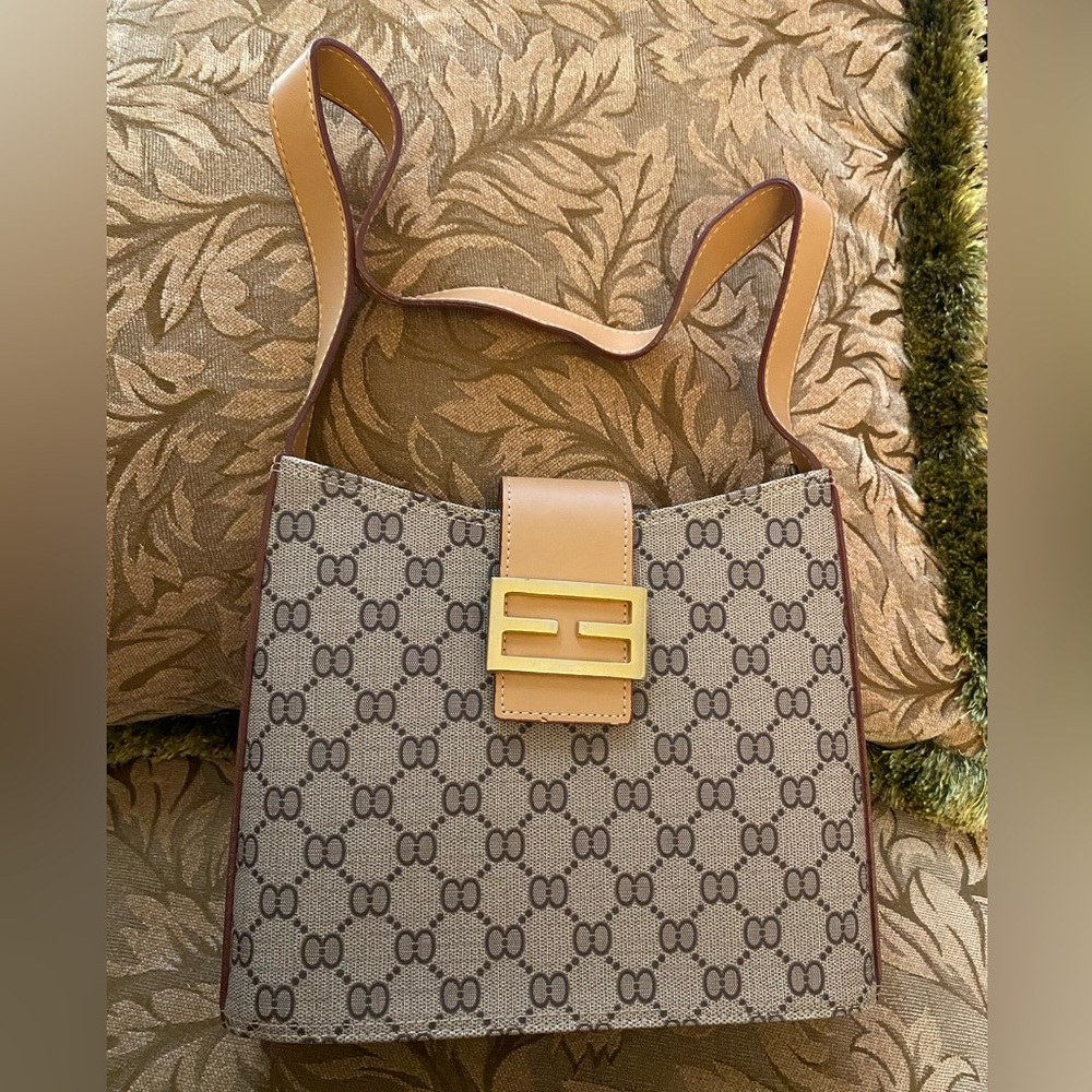 Fun Fashion Beige and Brown Patterned Shoulder Bag